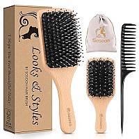 Hair Brush, 2 Pack Boar Bristle Paddle Hairbrush For Women Men Kids Reducing Frizzy, No More Tangle, Small Travel Brush Tail Comb Giftbox Included