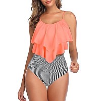 Womens Tankini Swimsuits High Waisted Bathing Suits Tummy Control Ruffled Top Swimwear Two Piece Swimming Suits 10 Orange-White Striped 6-8