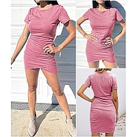 Btfbm Womens Summer Casual Beach Dresses Crew Neck Short Sleeve Ruched Stretchy Bodycon T Shirt Wrap Mini Dress (Light Red, Medium, M)