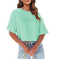 Tankaneo Women Half Sleeve Cropped T Shirt Drop Shoulder Round Neck Crop Tops Casual Summer Solid Color Basic Tees