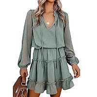 Btfbm Women Casual Spring Summer Dresses Tie V Neck Long Sleeve High Waist Ruffle Tiered A Line Swing Tunic Mini Dress(Dot Green, X-Large)