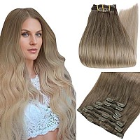 Full Shine Clip In Hair Extensions Real Human Hair 22 Inch Ash Brown To Blonde Remy Straight Clip In Hair 7Pcs 120 Grams Invisible Human Hair Clip Ins Thick Ends 81860