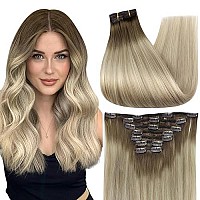 Full Shine Clip In Hair Extensions Real Human Hair 22 Inch Ash Brown To Blonde Remy Straight Clip In Hair 7Pcs 120 Grams Invisible Human Hair Clip Ins Thick Ends 81860