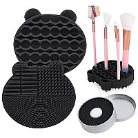 Silicon Makeup Brush Cleaning Mat With Brush Drying Holder Brush Cleaner Mat Portable Bear Shaped Cosmetic Brush Cleaner Padmakeup Brush Dry Cleaned Quick Color Removal Sponge Tool (New Black)