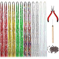 47 Inches Tinsel Hair Extension With Tool 2400 Strands 6 Colors Hair Extension Tinsel Kit Glitter Hair Extensions For Women Girls Hair Accessories For Christmas New Year Halloween Cosplay Party