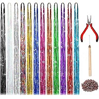 47 Inches Tinsel Hair Extension With Tool 2400 Strands 6 Colors Hair Extension Tinsel Kit Glitter Hair Extensions For Women Girls Hair Accessories For Christmas New Year Halloween Cosplay Party