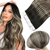 Full Shine Tape Hair Extensions Human Hair 12Inch Glue On Hair Extension 30Gram Color 1B Off Black Fading To 27 Honey Blonde And 1B Tape In Real Hair Extensions