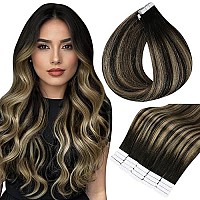 Full Shine Tape Hair Extensions Human Hair 12Inch Glue On Hair Extension 30Gram Color 1B Off Black Fading To 27 Honey Blonde And 1B Tape In Real Hair Extensions