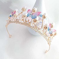 YOVECATHOU Girls Tiara Butterfly Princess Crown Gold Pearl Headband Rhinestone Hairpiece for Halloween Costume Wedding Bridal Prom Birthday Party Cosplay Christmas Gifts