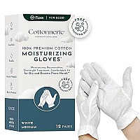 Gaxcoo | 100% Premium Cotton Moisturizing Gloves for Dry Hands & Eczema | Overnight Lotion, Sleep & Spa Treatment for Women & Men | Reusable, Washable - Free Washing Bag, Wristband (White - 12 Pairs)