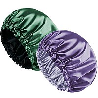 2Pack Satin Bonnet For Sleeping Silk Bonnet Hair Bonnets Cap, Extra Large Double Layer Reversible Adjustable, Sleep Bonnet Used To Keep Hair Dry During Sleep Purple-Green