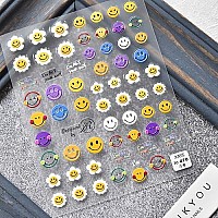 New Sunflower Smiley Face Nail Art Sticker Decals 5D Embossed, Summer Sun Happy Flower Rainbow Smiley Face Nail Art Decoration Sticker (3 Sheets)