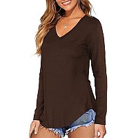 Dittyandvibe Women Long Sleeve V Neck Curved Hem Tunic Tops T Shirts (Brown,Xl)