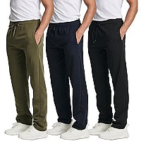 3 Pack Mens Open Bottom Tech Fleece Active Sports Athletic Training Soccer Track Gym Running Casual French Terry Quick Dry Fit Sweatpants Pockets Bottom Lounge Pants Heavy Warm - Set 3, S