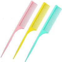 3 Pack Tail Comb Carbon Fiber Rat Tail Styling Comb Heat Resistant Anti Static Teasing Comb For Back Combing Root Teasing Adding Volume Evening Styling (Pink, Yellow, Green)