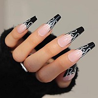 Babalal Long Press On Nails Coffin Fake Nails Ballerina Nails Glossy Acrylic Nails Black False Nails For Women And Girls