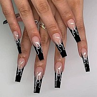 Babalal Long Press On Nails Coffin Fake Nails Ballerina Nails Glossy Acrylic Nails Black False Nails For Women And Girls