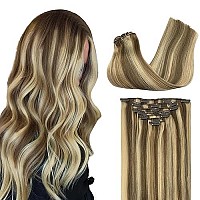 Goo Goo Clip In Hair Extensions Real Human Hair Medium Brown Highlighted Golden Blonde 7Pcs 120G 16 Inch Remy Clip In Hair Extensions Blonde Hair Extensions Natural Hair Extensions