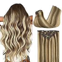 Goo Goo Hair Extensions Human Hair Clip In Extensions Medium Brown Highlighted Golden Blonde 7Pcs 120G 18 Inch Remy Human Hair Extensions Clip In Real Human Hair Extensions