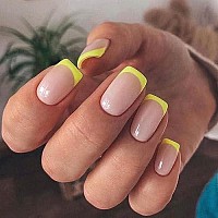 Rikview Press On Nails Short French Tip Nails Oval Nail Tips Glossy Fake Nails False Nails With Design Full Cover Acrylic Nails (Yellow)