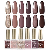 Lanfo 6 Colors Gel Nail Polish Kit, 10Ml Brown Nude Neutral Coffee Colors Gel Polish Set Fall Winter Glitter Skin Tone Gel Nail Polish Soak Off Uv Led Nail Polish Gel Set Nail Art Design