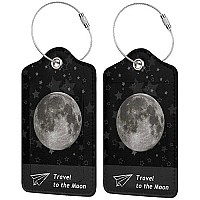 Set Of 2 Luggage Tag With Full Back Privacy Name Id Card Stainless Steel Loop Suitcase Labels Identifiers Pu Leather Baggage Tags Luggage For Women Men Travel (Moon)