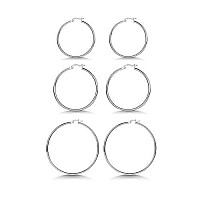 3 Pairs 925 Sterling Silver Hoop Earrings Small White Gold Plated Hoop Earrings For Women Girls (25Mm, 30Mm, 40Mm)