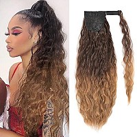 Yeame Corn Wave Ponytail Extension Clip In - 22 Inch Long Wavy Curly Wrap Around Pony Tail Heat Resistant Synthetic Hairpiece For Women (Brown To Blonde 6T27)