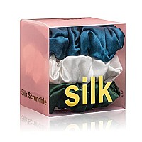 Silk Scrunchies For Hair 100 Mulberry Silk Hair Ties 3 Pack(White, Peacock Blue, Emerald)