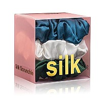 Silk Scrunchies For Hair 100 Mulberry Silk Hair Ties 3 Pack(White, Peacock Blue, Emerald)