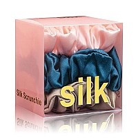 Silk Scrunchies For Hair 100 Mulberry Silk Hair Ties 3 Pack(Pink, Peacock Blue, Apricot)