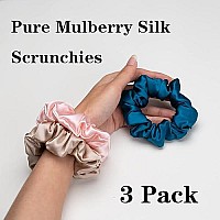 Silk Scrunchies For Hair 100 Mulberry Silk Hair Ties 3 Pack(Pink, Peacock Blue, Apricot)