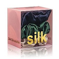 Silk Scrunchies For Hair 100 Mulberry Silk Hair Ties 3 Pack(Navy Blue, Emerald, Apricot)