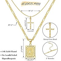 Keloris Path Gold Layered Initial Cross Necklace, 14K Gold Plated Layering Square Letter Pendant Figaro Chain Cross Choker From A-Z Capital Jewelry For Women Girlschain Necklace(Letter O)