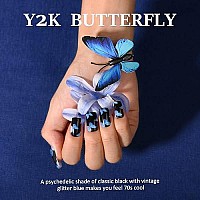 Press on Nails Short Square Shape, Black Fake Nails with Design Blue Y2K Butterfly Medium Glue on Nails for Women UV Gel Acrylic False Nail Kits Reusable Stick on Nails Full Cover Static Nails by GLAMERMAID, 24 Pcs