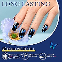 Press on Nails Short Square Shape, Black Fake Nails with Design Blue Y2K Butterfly Medium Glue on Nails for Women UV Gel Acrylic False Nail Kits Reusable Stick on Nails Full Cover Static Nails by GLAMERMAID, 24 Pcs