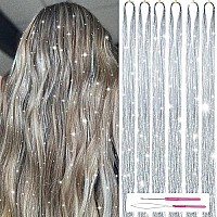 Hair Tinsel Kit With Tools 47Inch 1200 Strands Glitter Tinsel Hair Extensions Sparkling Shiny Hair Tinsel Strands Kit Heat Resistant For Women Girls 6Pcs (Silver)