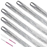 Hair Tinsel Kit With Tools 47Inch 1200 Strands Glitter Tinsel Hair Extensions Sparkling Shiny Hair Tinsel Strands Kit Heat Resistant For Women Girls 6Pcs (Silver)