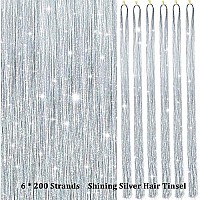 Hair Tinsel Kit With Tools 47Inch 1200 Strands Glitter Tinsel Hair Extensions Sparkling Shiny Hair Tinsel Strands Kit Heat Resistant For Women Girls 6Pcs (Silver)