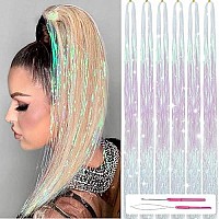 Hair Tinsel Kit With Tools 47Inch 1200 Strands Fairy Hair Tinsel 6Pcs Highlights Glitter Hair Extensions Sparkling Shiny Hair Extensions Heat Resistant For Women Girls (White-Pink)