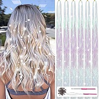 Hair Tinsel Kit With Tools 47Inch 1200 Strands Fairy Hair Tinsel 6Pcs Highlights Glitter Hair Extensions Sparkling Shiny Hair Extensions Heat Resistant For Women Girls (White-Pink)