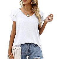 White Summer Tops Womens Plus Size Short Sleeve Ruffles V Neck Tshirts Casual Xxl