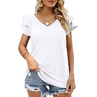 White Summer Tops Womens Plus Size Short Sleeve Ruffles V Neck Tshirts Casual Xxl