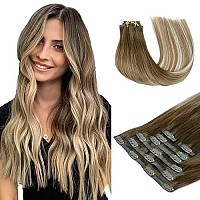 Hotbanana Seamless Clip In Hair Extensions 14 Inch 130G 7Pcs Walnut Brown To Ash Brown And Bleach Blonde Clip In Remy Human Hair Extensions Straight Hair Invisible Pu Skin Weft