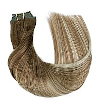 Hotbanana Seamless Clip In Hair Extensions 14 Inch 130G 7Pcs Walnut Brown To Ash Brown And Bleach Blonde Clip In Remy Human Hair Extensions Straight Hair Invisible Pu Skin Weft