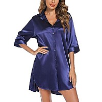 Leikar Silk Nightgown For Women Satin Slik Pajamas Sleep Shirts Navy Blue