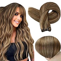 Full Shine Brown Sew In Hair Extensions Highlights Human Hair Sew In Extensions Brown With Caramel Blonde Sew In Hair Extensions Real Human Hair Weft Extensions 24Inch 105G