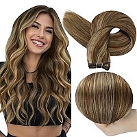 Full Shine Brown Sew In Hair Extensions Highlights Human Hair Sew In Extensions Brown With Caramel Blonde Sew In Hair Extensions Real Human Hair Weft Extensions 24Inch 105G