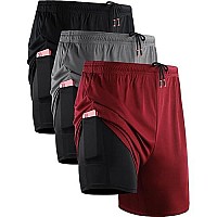 Neleus Mens 2 In 1 Running Shorts With Liner,Dry Fit Workout Shorts With Pockets,6070,3 Pack,Blackgreyred,Large