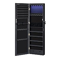 Songmics 6 Leds Mirror Jewelry Cabinet, 472 H Lockable Walldoor Mounted Jewelry Armoire Organizer With Mirror, 2 Drawers,Ablack Ujjc093B01